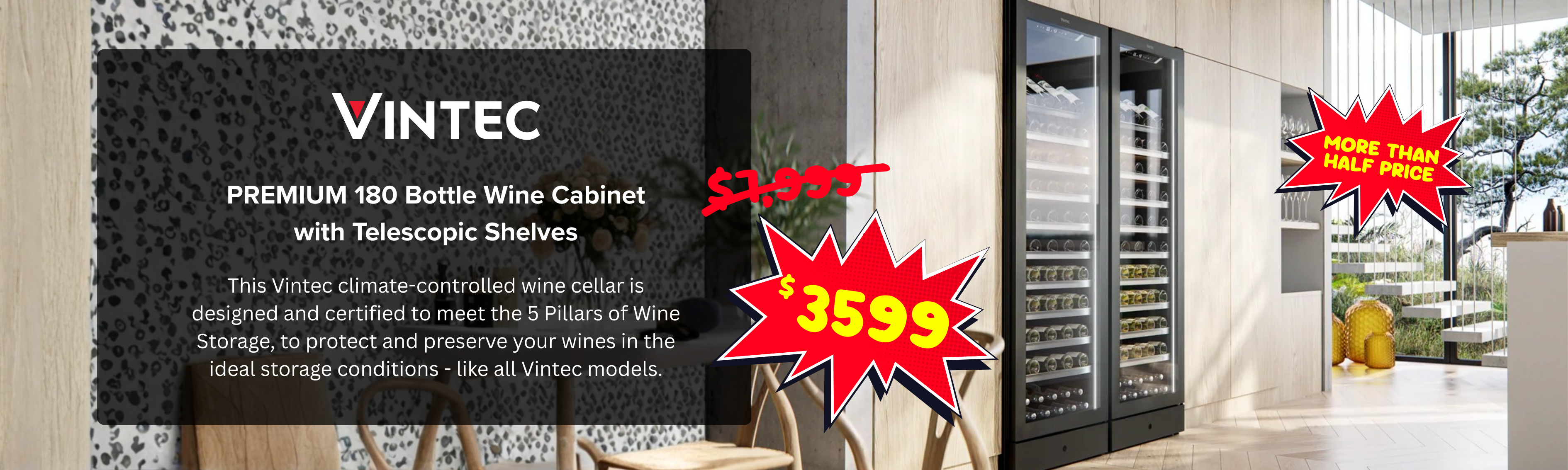 Vintec wine cabinet with promotional pricing and features displayed.