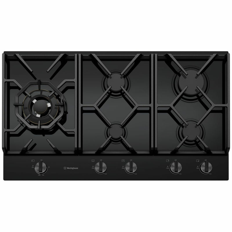 Westinghouse WHG958BC 90cm 5 burner black glass gas cooktop