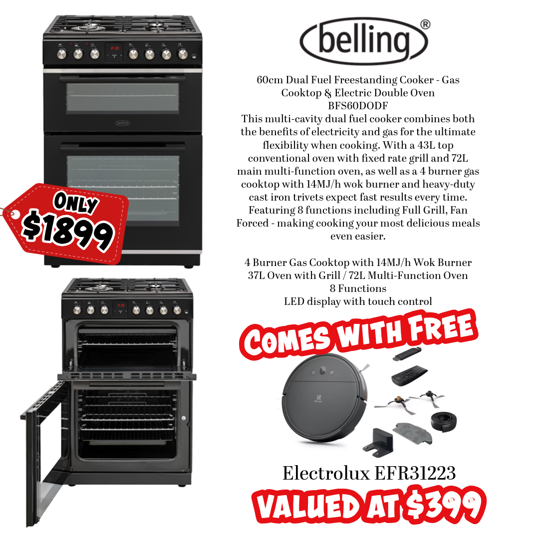 Belling BFS60DODF 60cm Dual Fuel Freestanding Cooker - Gas Cooktop & Electric Double Oven