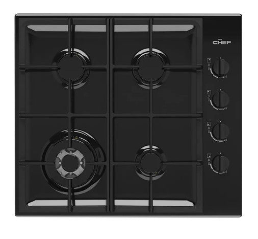 CHEF CHG644DC 600mm 4 Burner Gas Cooktop with 14.4MJ/h Wok Burner Black