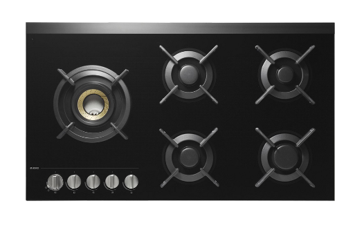 ASKO HG1935AD 90cm Gas Cooktop featuring black ceramic glass surface with five burner islands, including a central volcano wok burner.