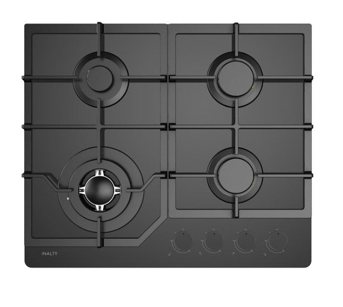 A 60cm InAlto gas on glass cooktop with four burners and a wok burner, featuring black glass surface and gloss black control knobs.