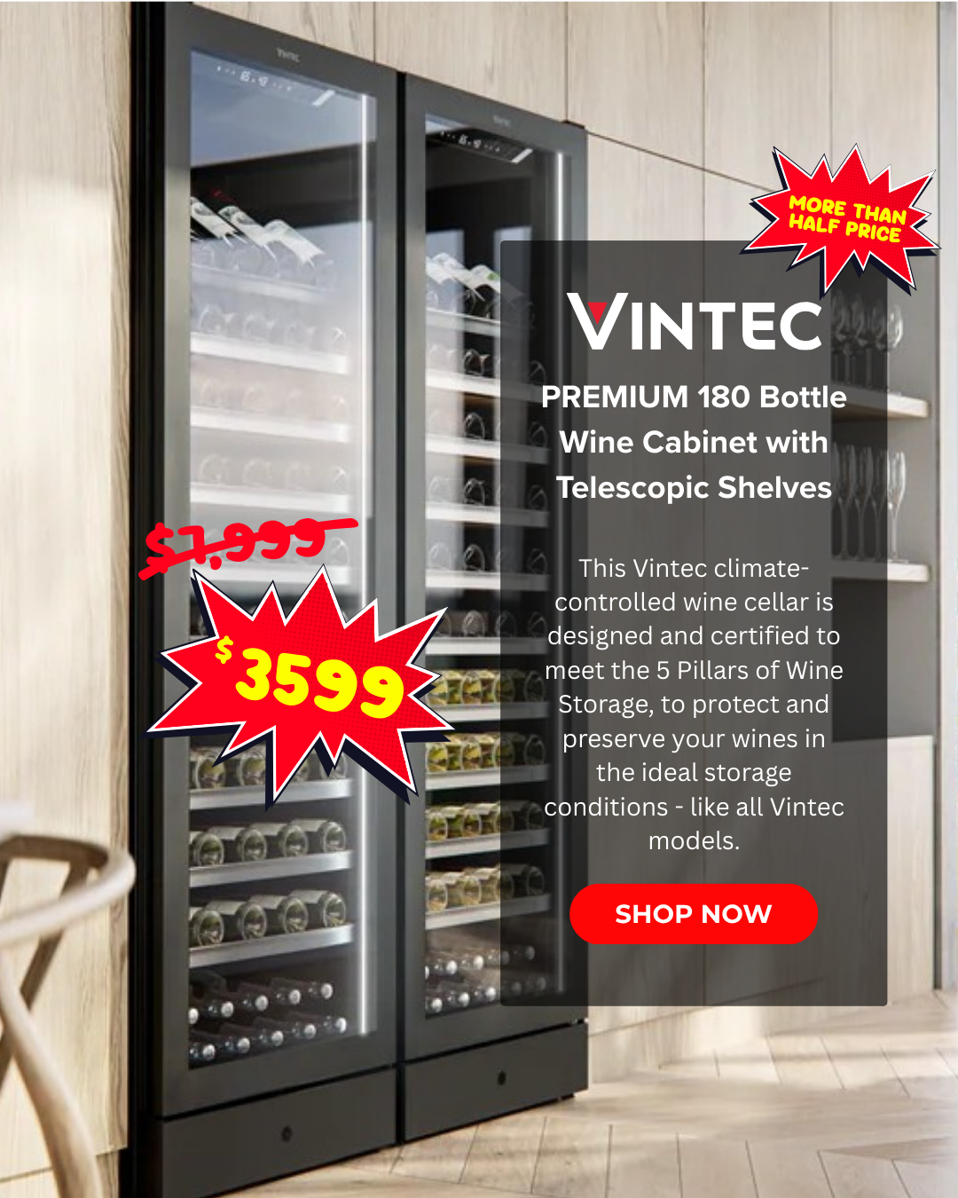 Vintec wine cabinet with promotional text and pricing on a white background