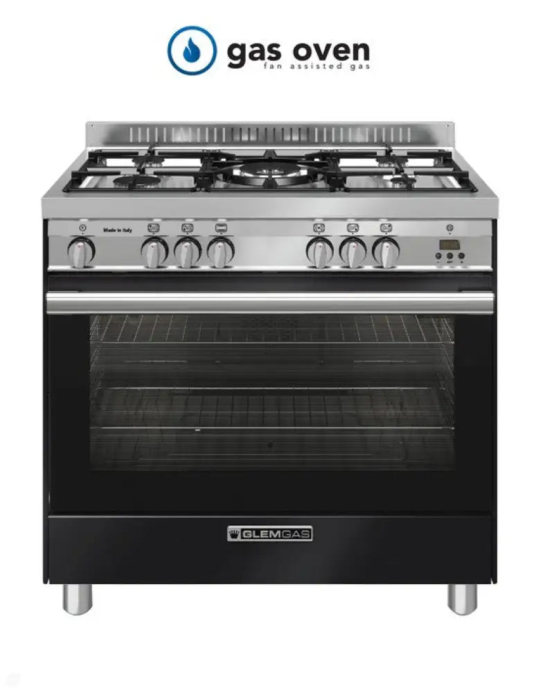 Glem Ga965Ggxn Gloss Black Steel 90Cm Gas Cooker Upright