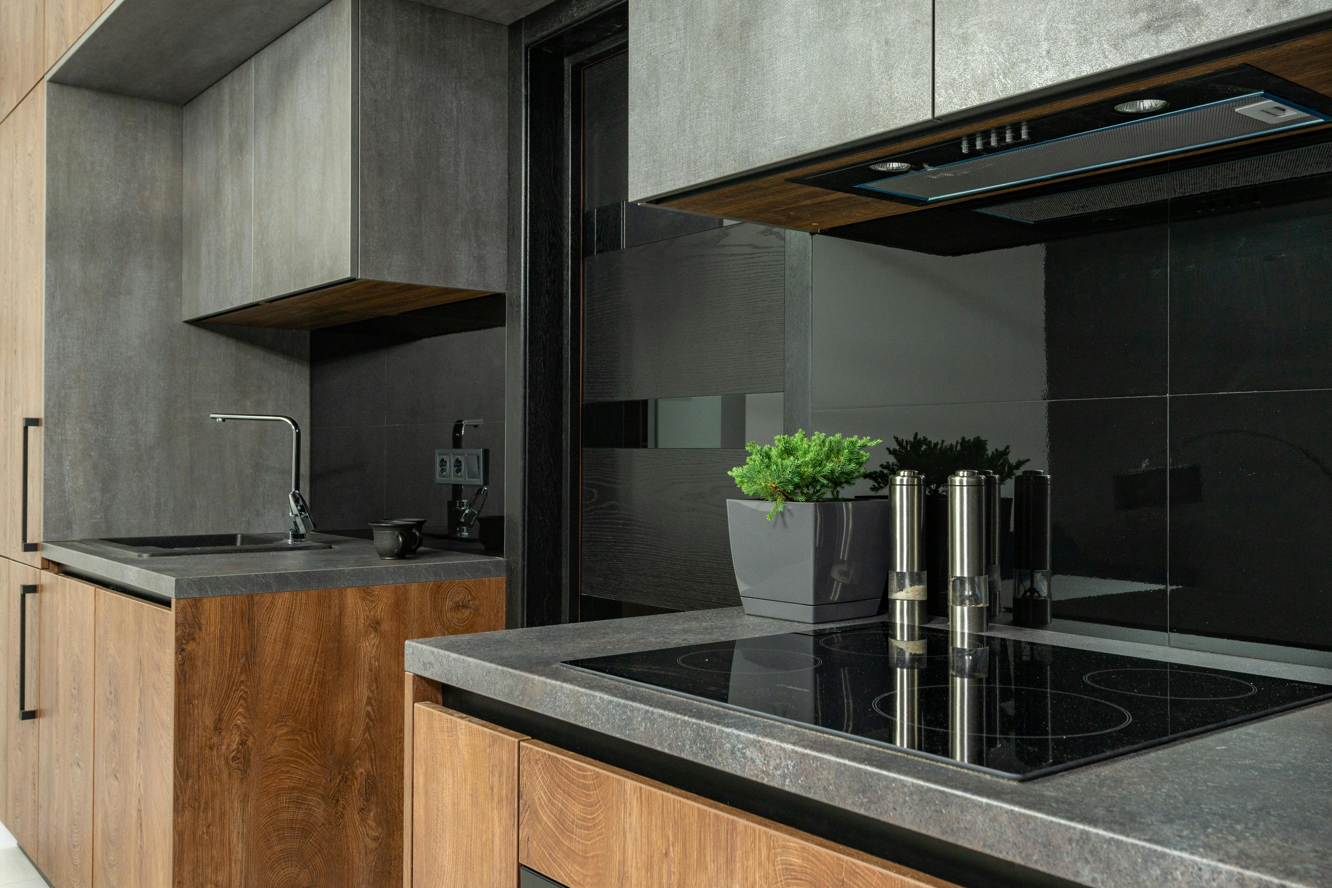 Modern kitchen with wooden cabinets, black countertops, and a plant on the counter.