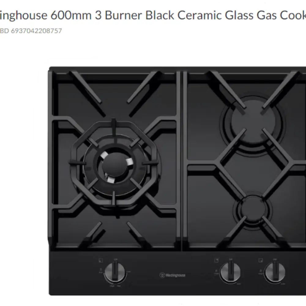 Westinghouse 600Mm 3 Burner Black Ceramic Glass Gas Cooktop