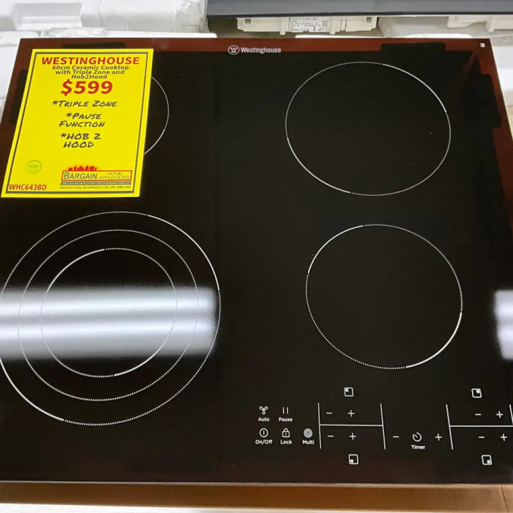 Westinghouse Whc643Bd -60Cm Ceramic Cooktop With Triple Zone And Hob2Hood